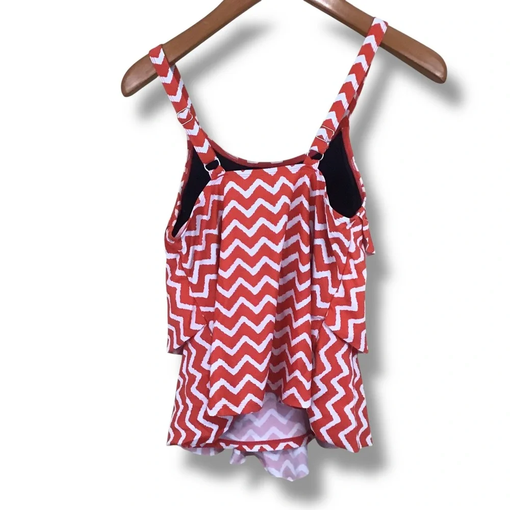 Septangle‎ Red White Chevron Ripple Ruffle Tankini Top Tiered Medium